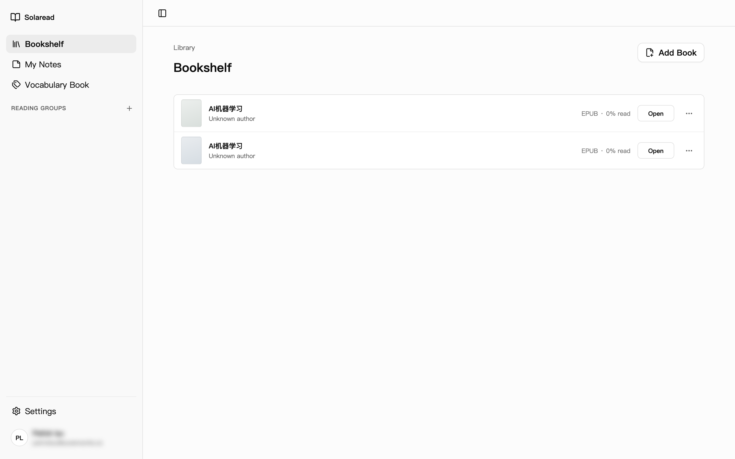 The Solaread bookshelf listing imported books with format and progress